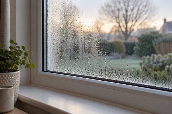 Gotas y vaho sobre el vidrio de una ventana blanca, con un jardín al fondo.