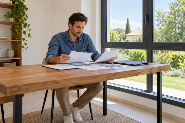 Una persona consulta documentos en una mesa junto a una ventana.