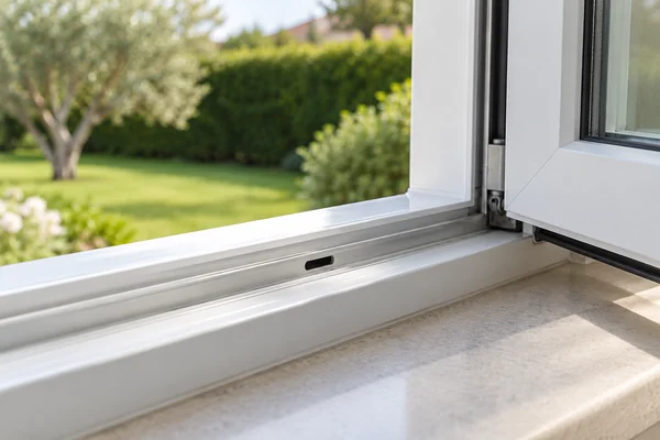 Detalle del perfil inferior de una ventana blanca abierta, con una ranura de evacuación visible.