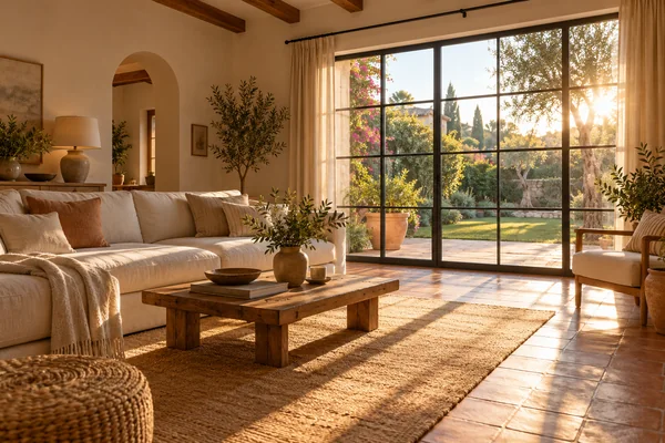 Salón con sofá y un gran ventanal por el que entra luz de sol sobre el suelo.